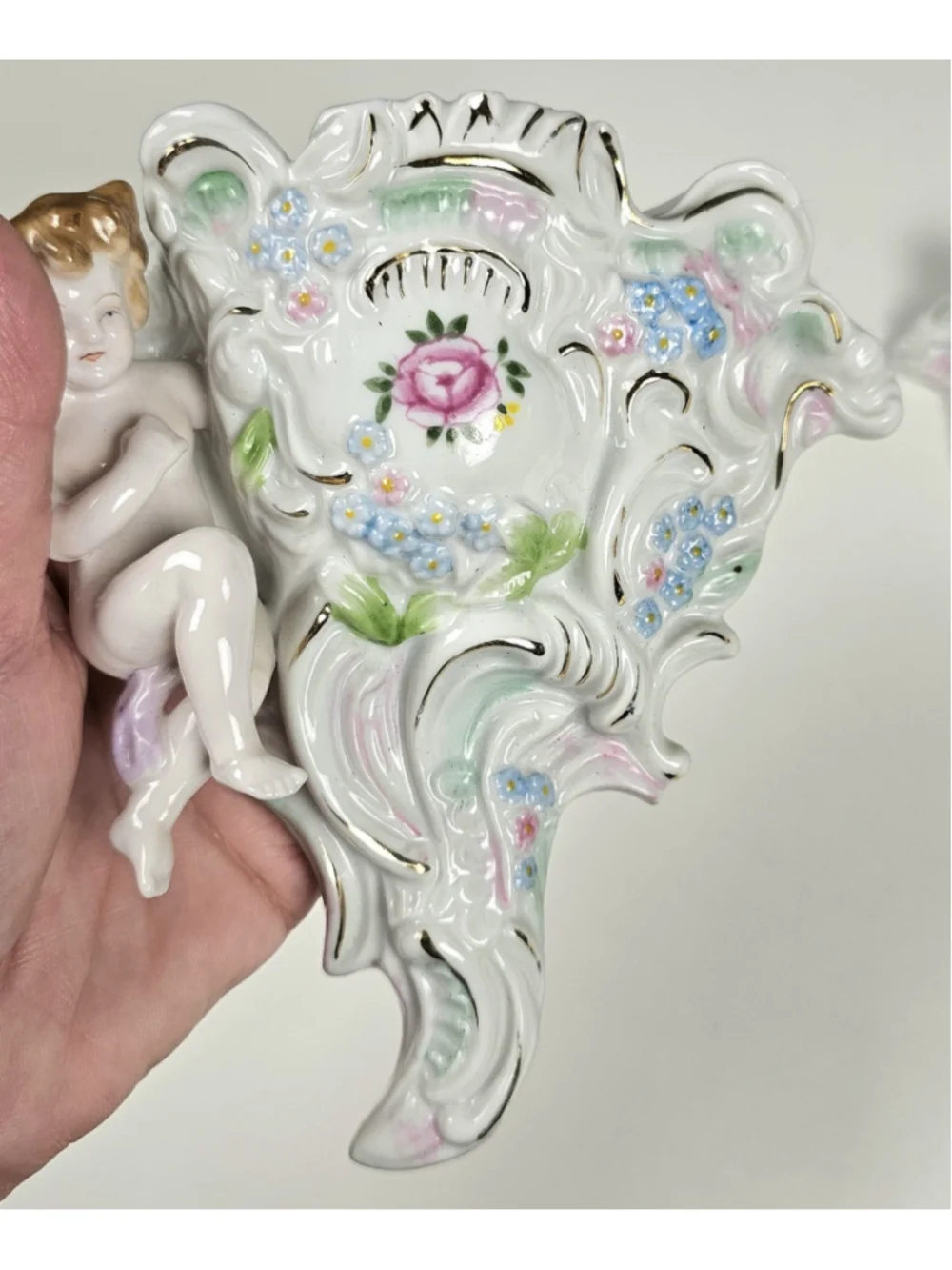 Vintage L&M Inc Porcelain Cherub Wall Pocket Vases Pair Pink Rose Flowers Gold